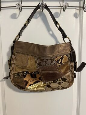 Vintage Coach Patchwork Signature Shoulder Bag in Brown and Gold Tones